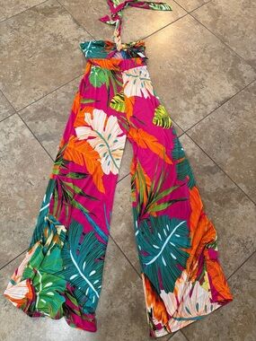 Fashion Nova Fuchsia Tropical Wide-Leg Jumpsuit
